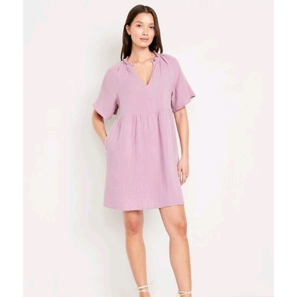 Old Navy Purple Split-Neck Crinkle Gauze Casual Minimalist Mini Swing Dress Sz M